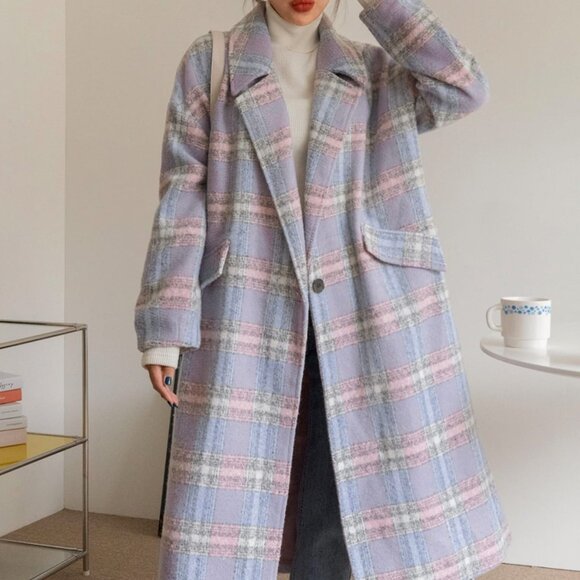 Multicolor Casual Plaid Women's Lapel Neck Single Button Overcoat Jacket - Picture 6 of 8